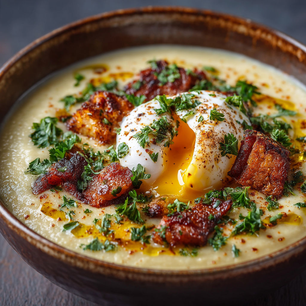 Une soupe chaude avec des légumes et une omelette.