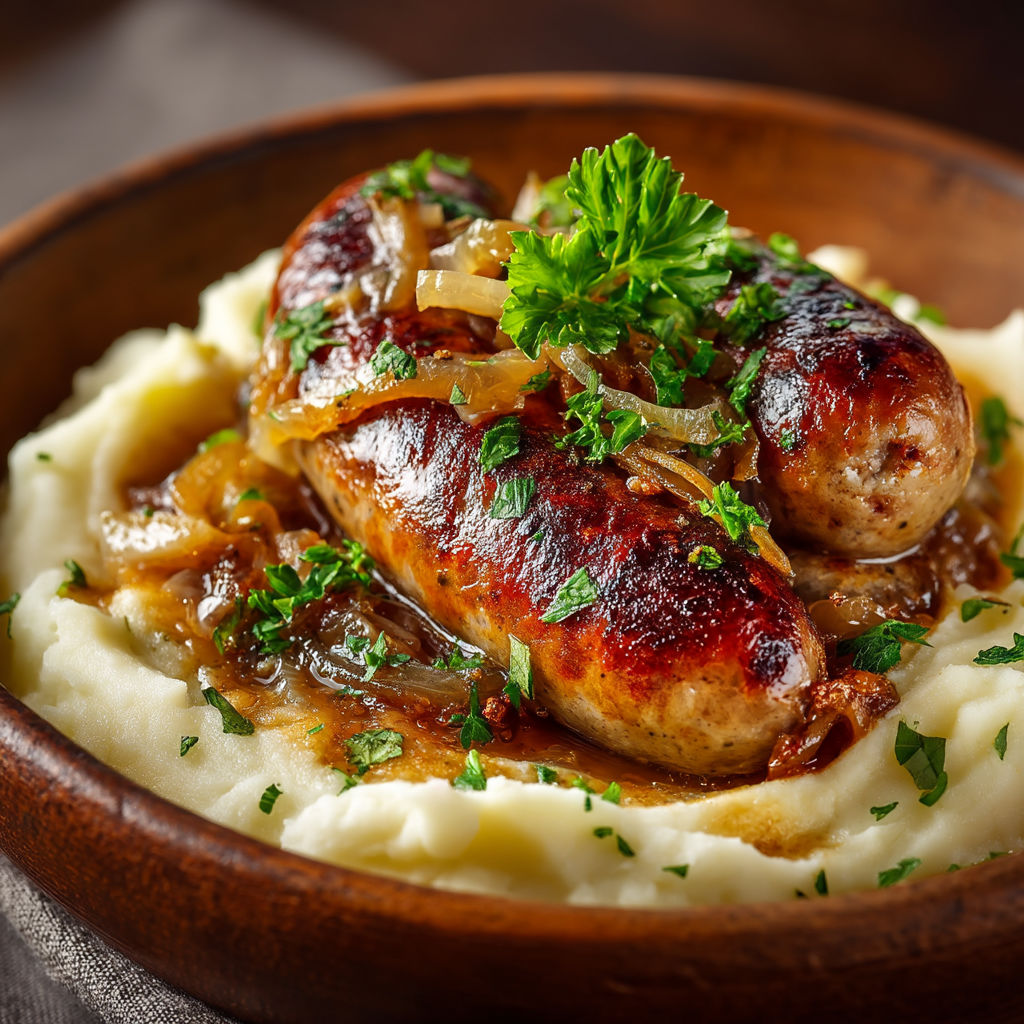 Une saucisse aux oignons est servie dans un bol en bois.