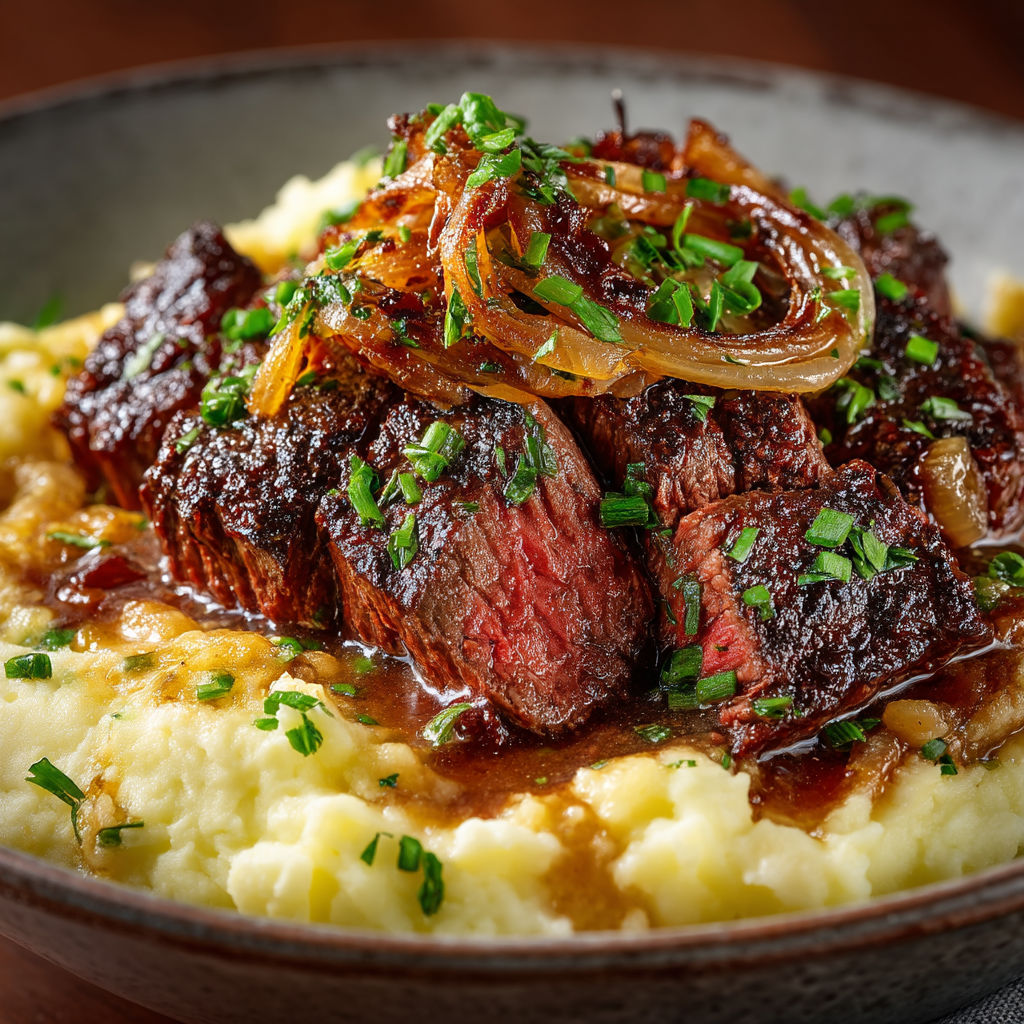 Bavette aux échalotes & purée maison.