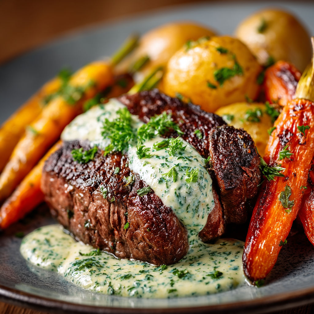 Légende concise : Steak avec des légumes.