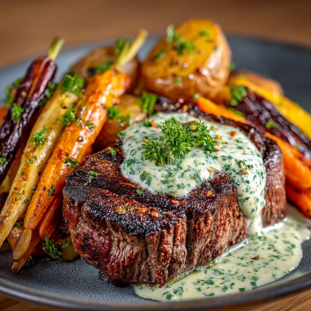 Steak grillé avec des légumes verts et des herbes.