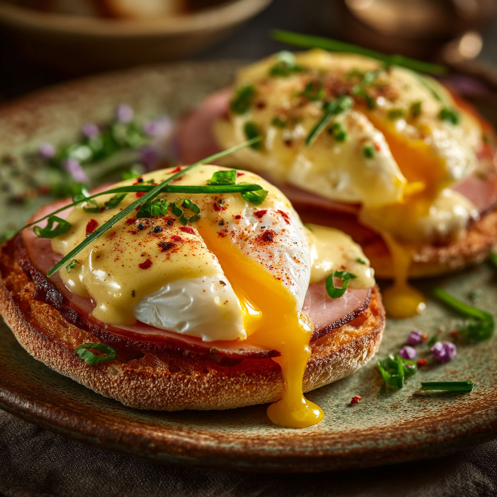 Une image de deux œufs bénédicte au jambon sur un pain grillé.