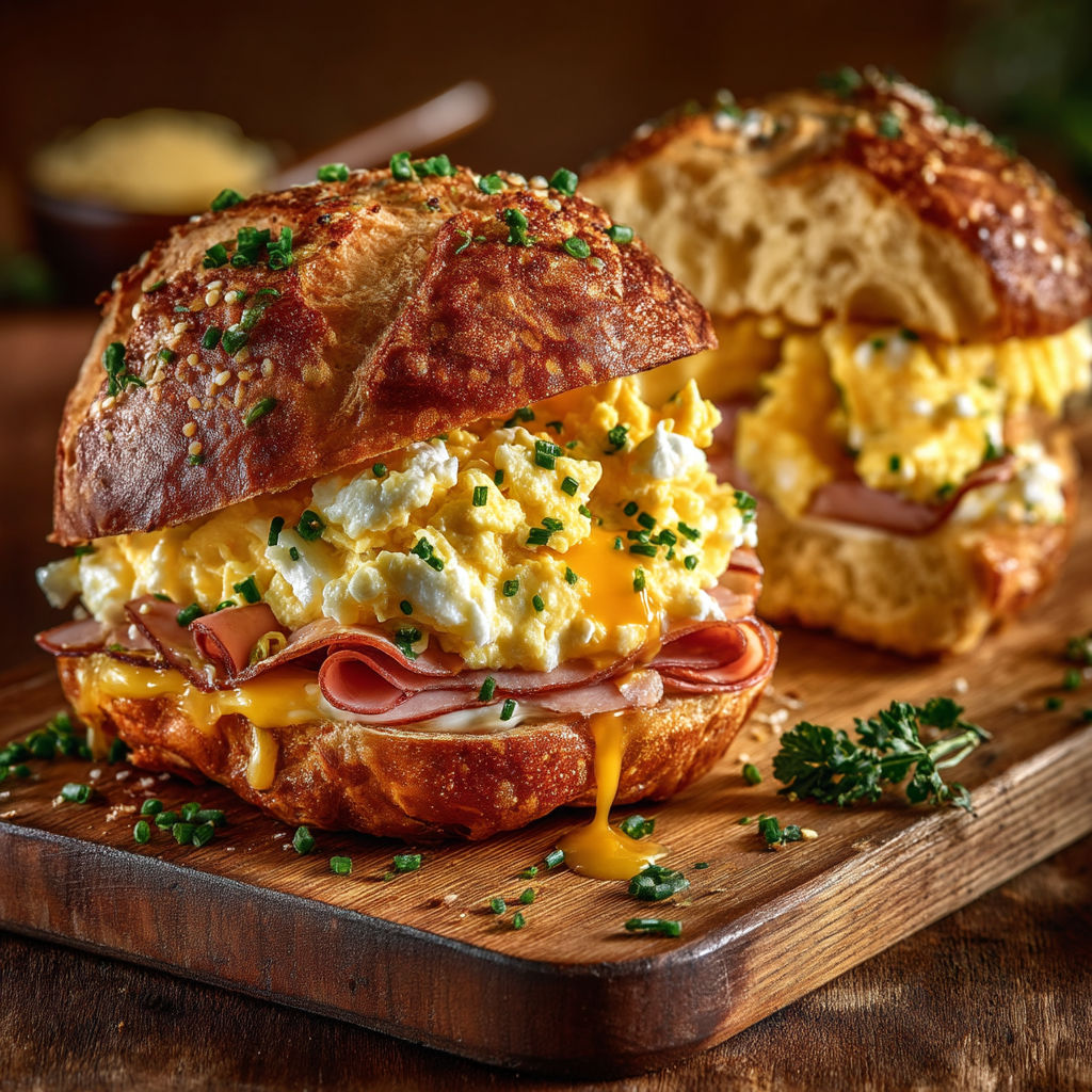 Une sandwich de ham et de œufs, avec des herbes et du fromage, sur une planche de bois.