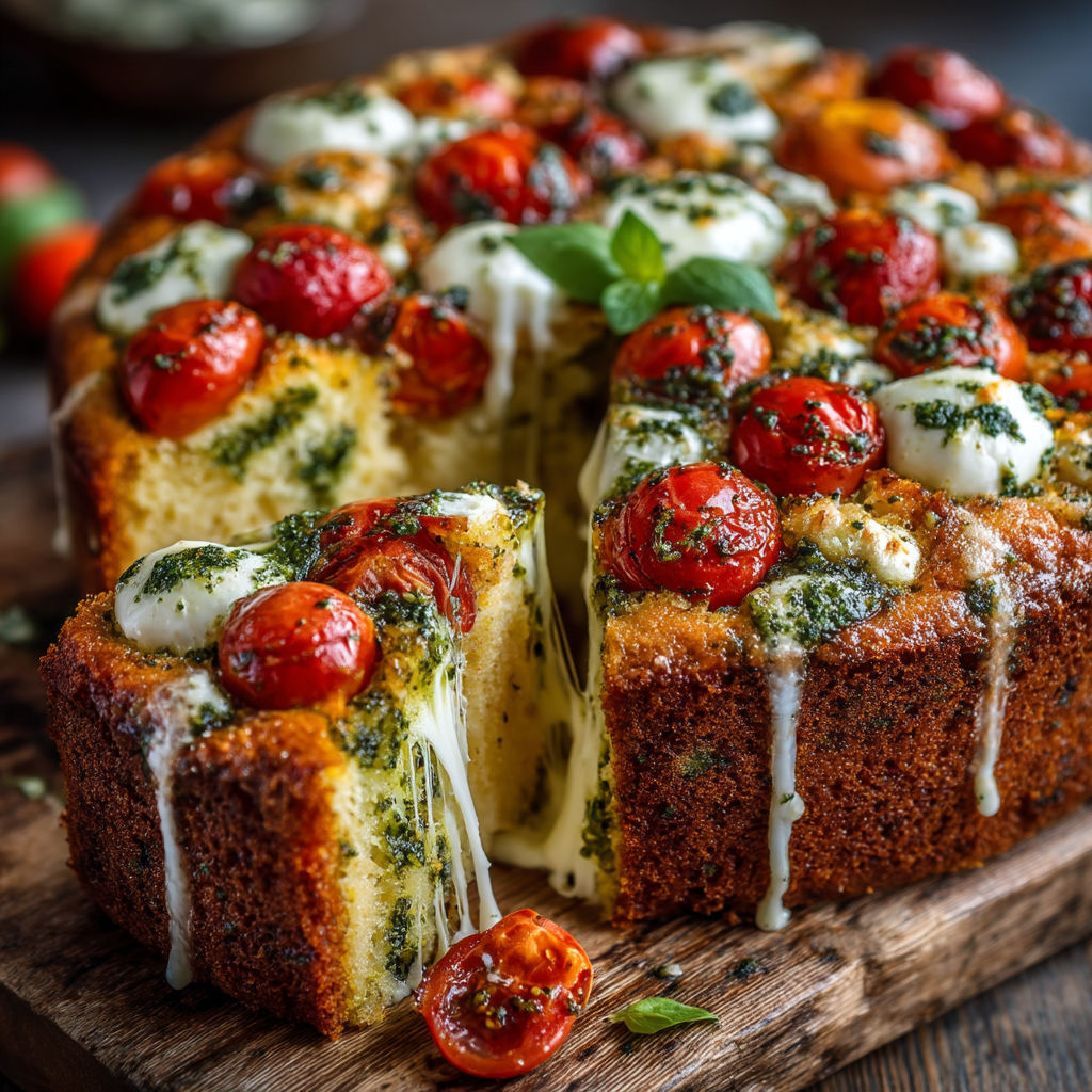 Une tarte aux tomates, mozzarella et pesto, servie sur un plateau de bois.