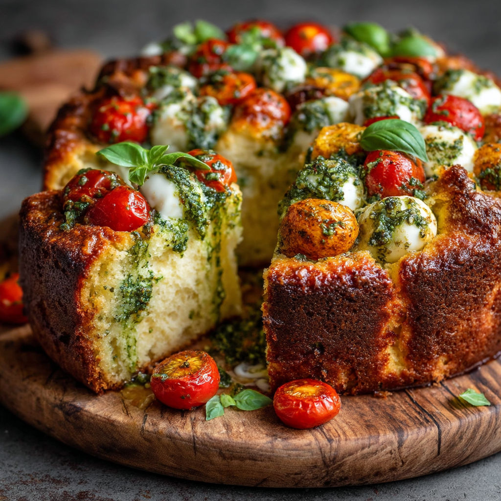 Une tarte aux tomates et fromage, servie sur un plateau de bois.