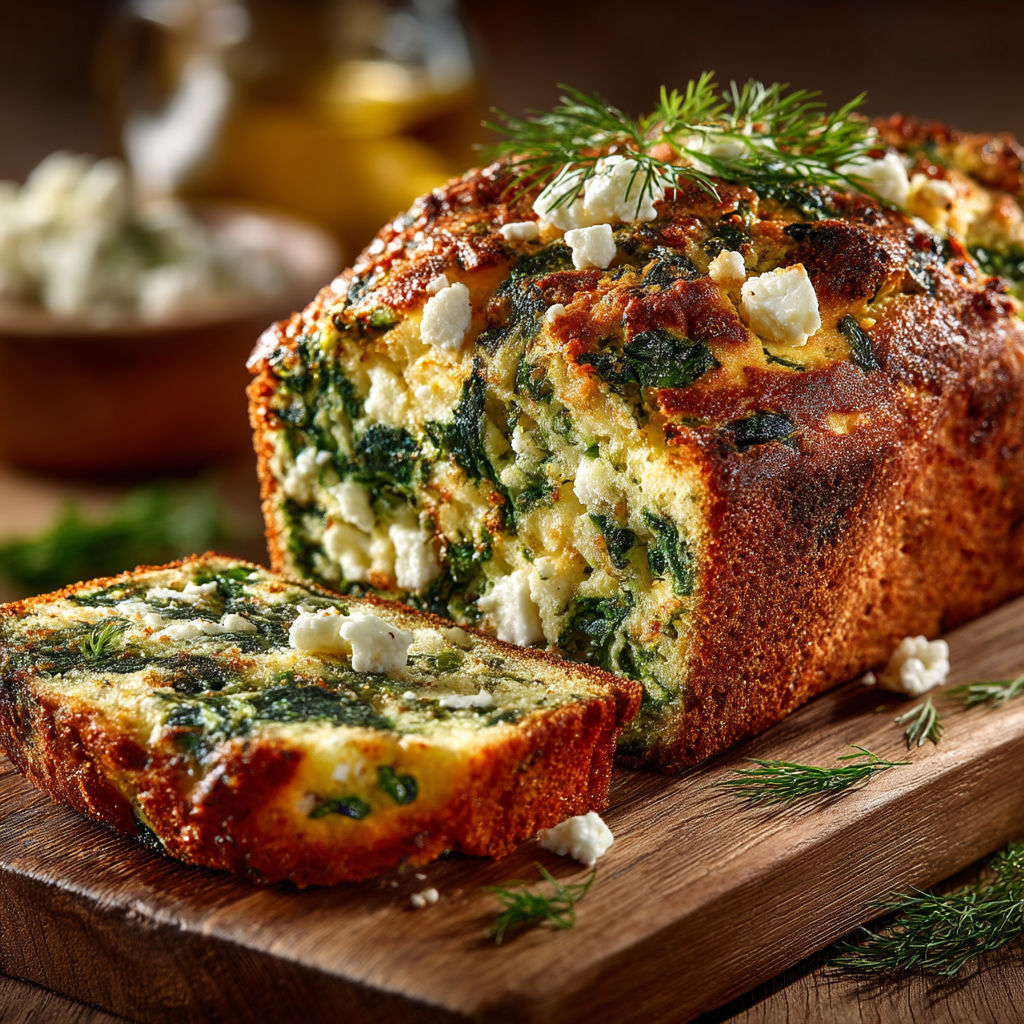 Une portion de cake aux épinards et feta sur une planche de bois.