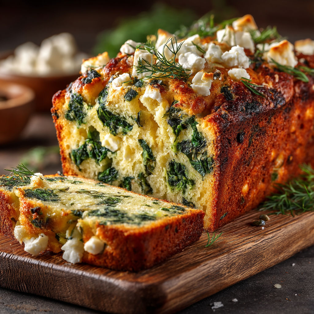 Une tranche de cake aux épinards et feta sur une planche de bois.