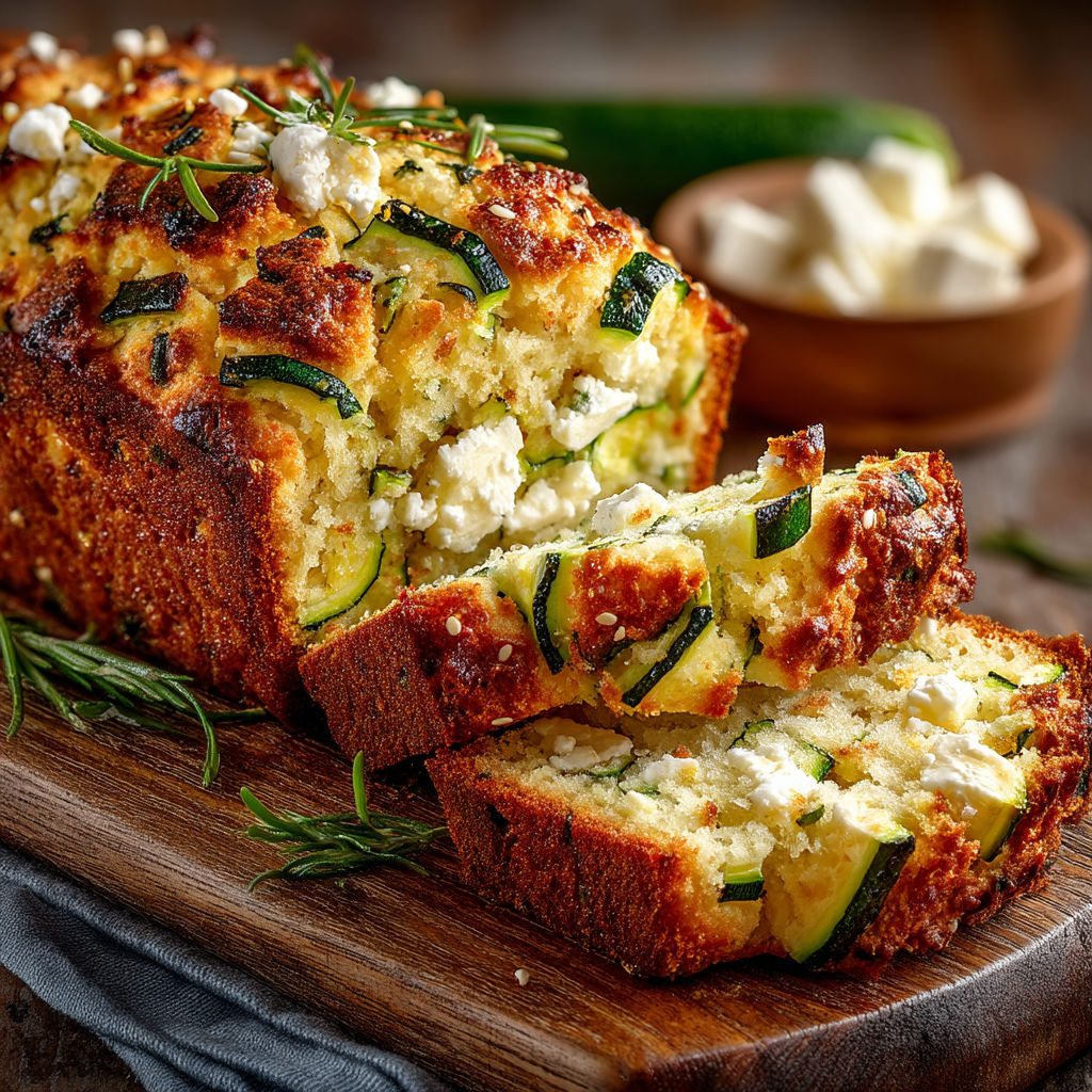 Une baguette de pain zucchini est servie sur une table.