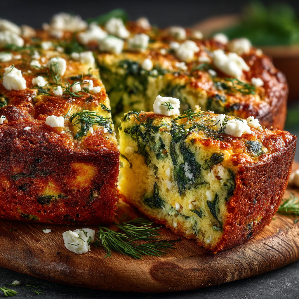 Une portion de cake aux épinards et feta sur un plateau.