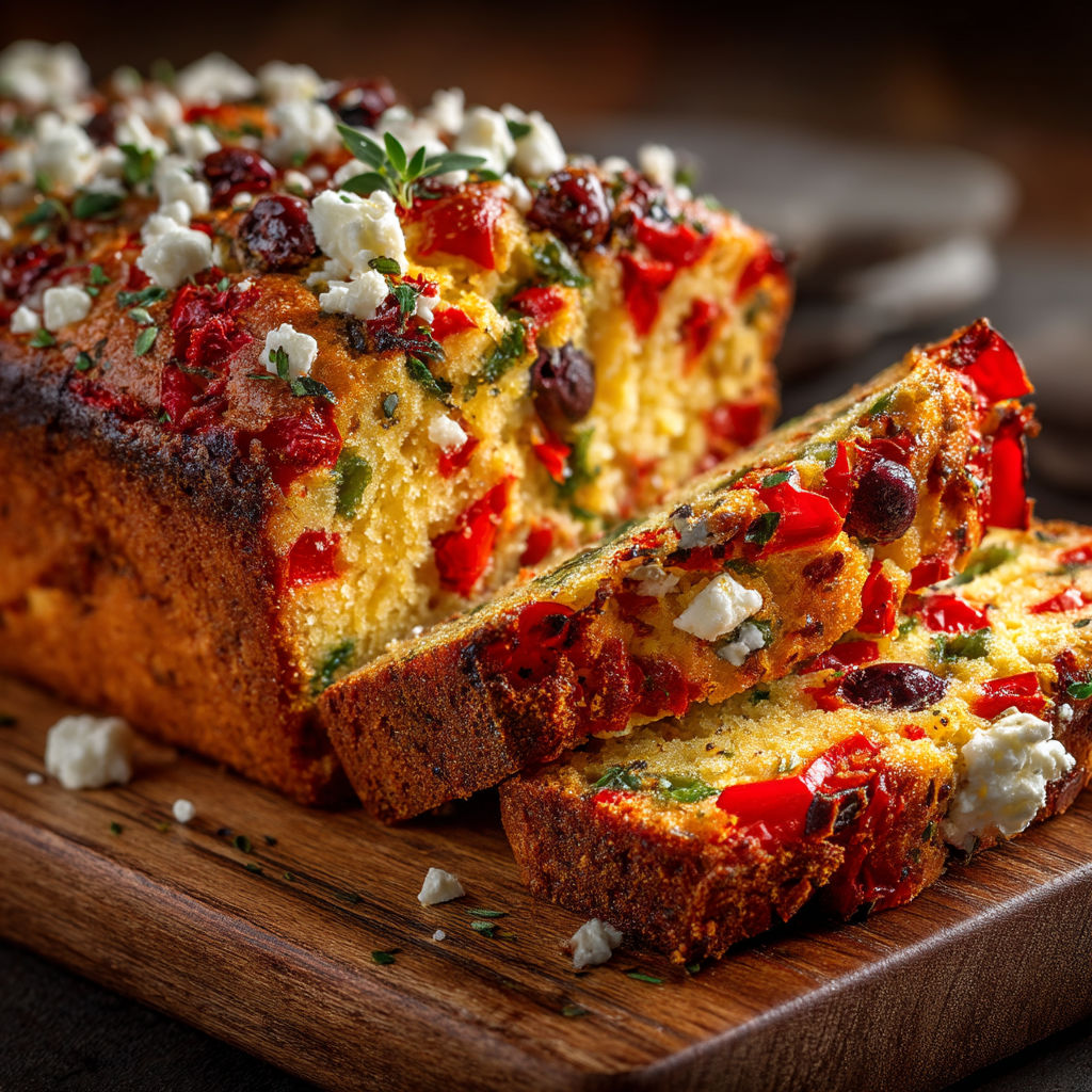 Une tranche de gâteau avec des fruits et des herbes sur un plateau.