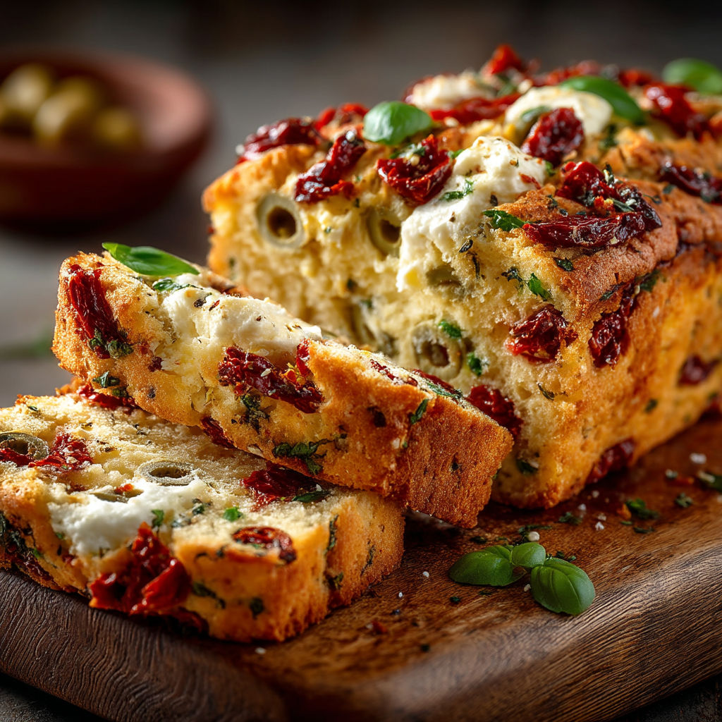 Une tranche de pain grillé avec des olives et des herbes.