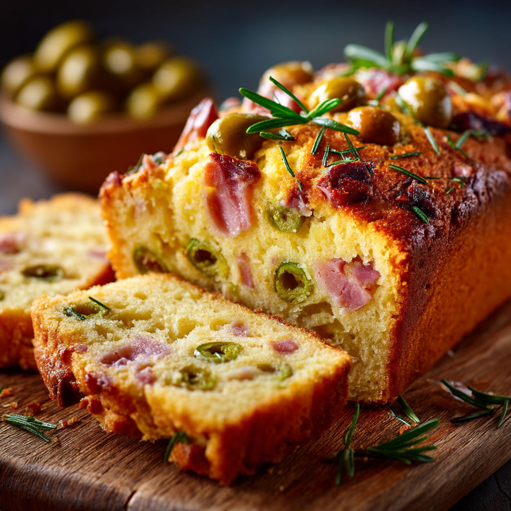 Une tranche de cake au jambon, olives et romarin.