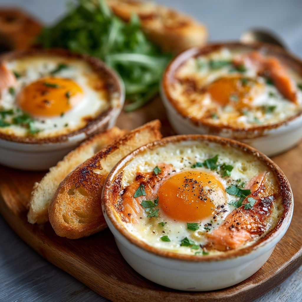 A bowl of eggs with bread and herbs.