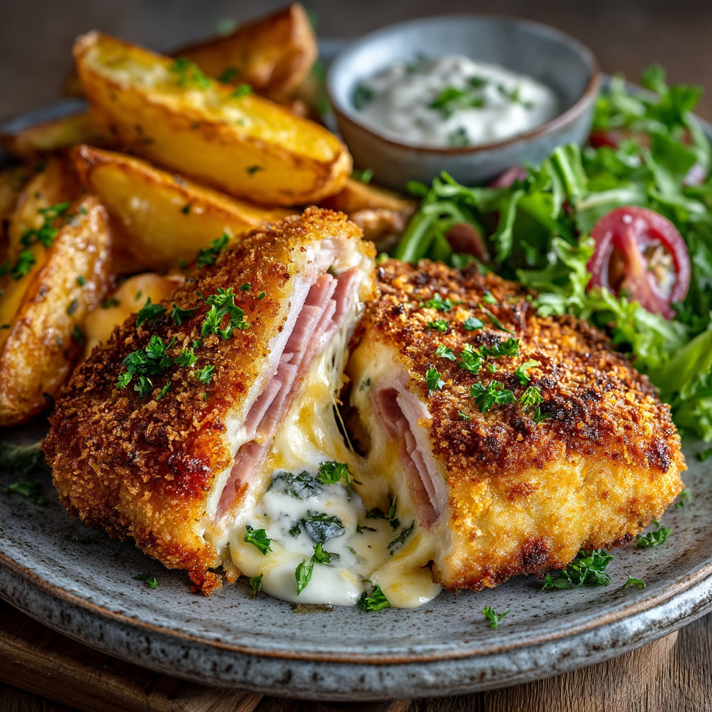 A plate of food with a chicken cordon bleu sandwich and fries.