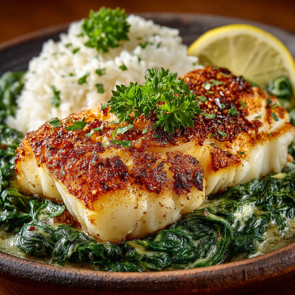 A plate of food with fish, rice, and a lemon wedge.