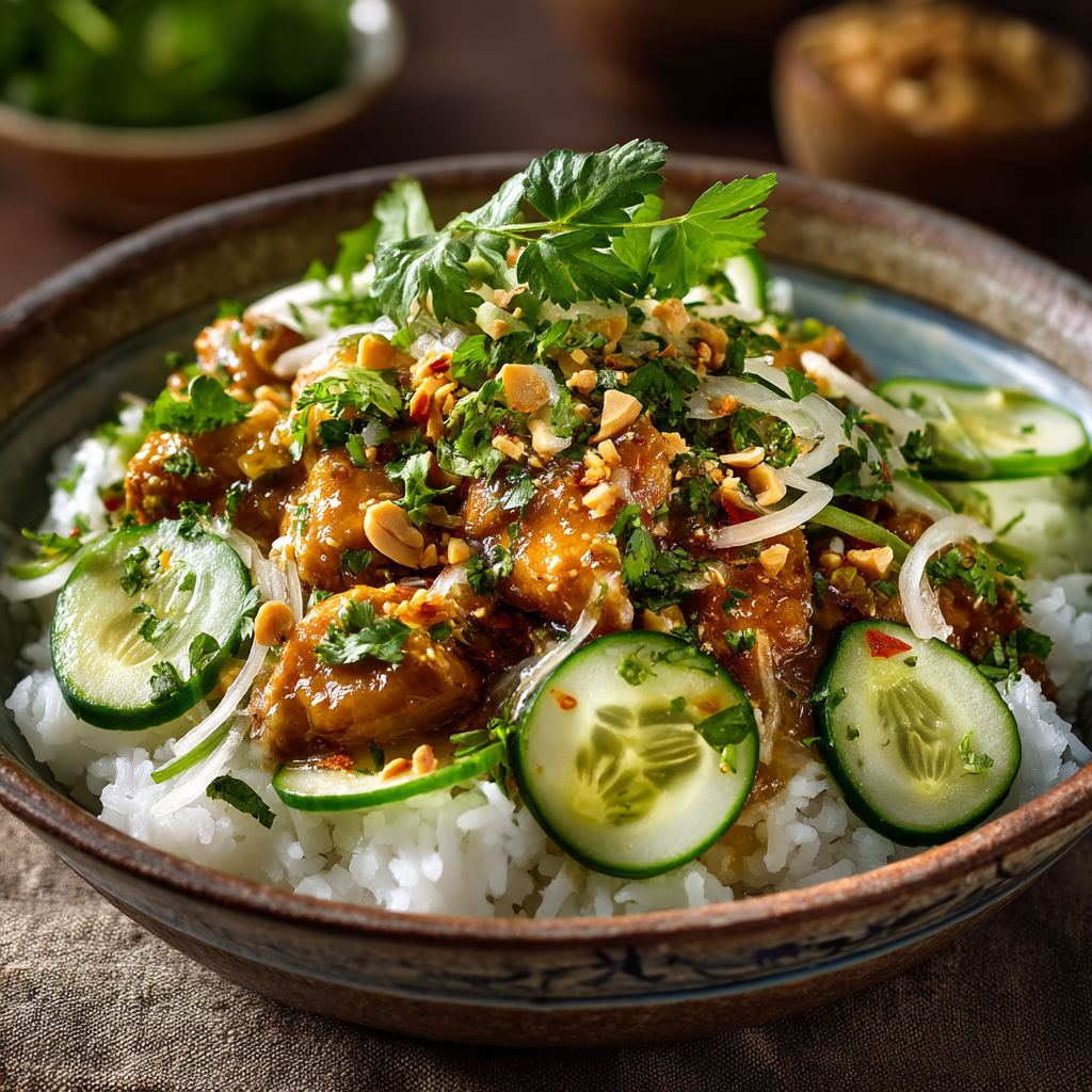 A bowl of food with rice, cucumbers, and meat.