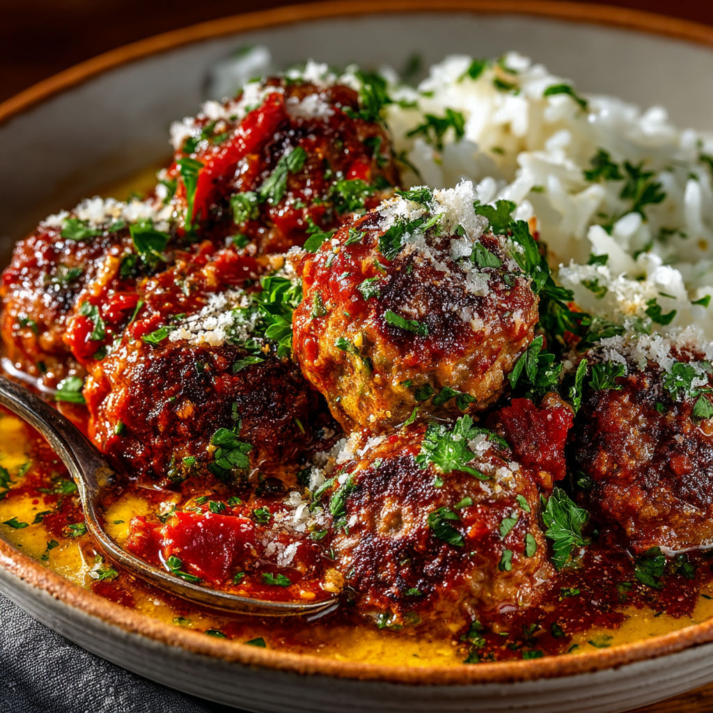 A plate of food with meatballs and rice.