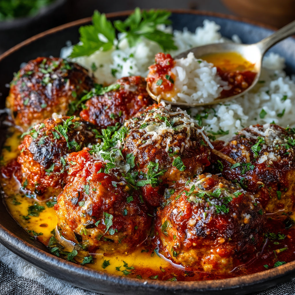 A bowl of meatballs with rice and herbs.