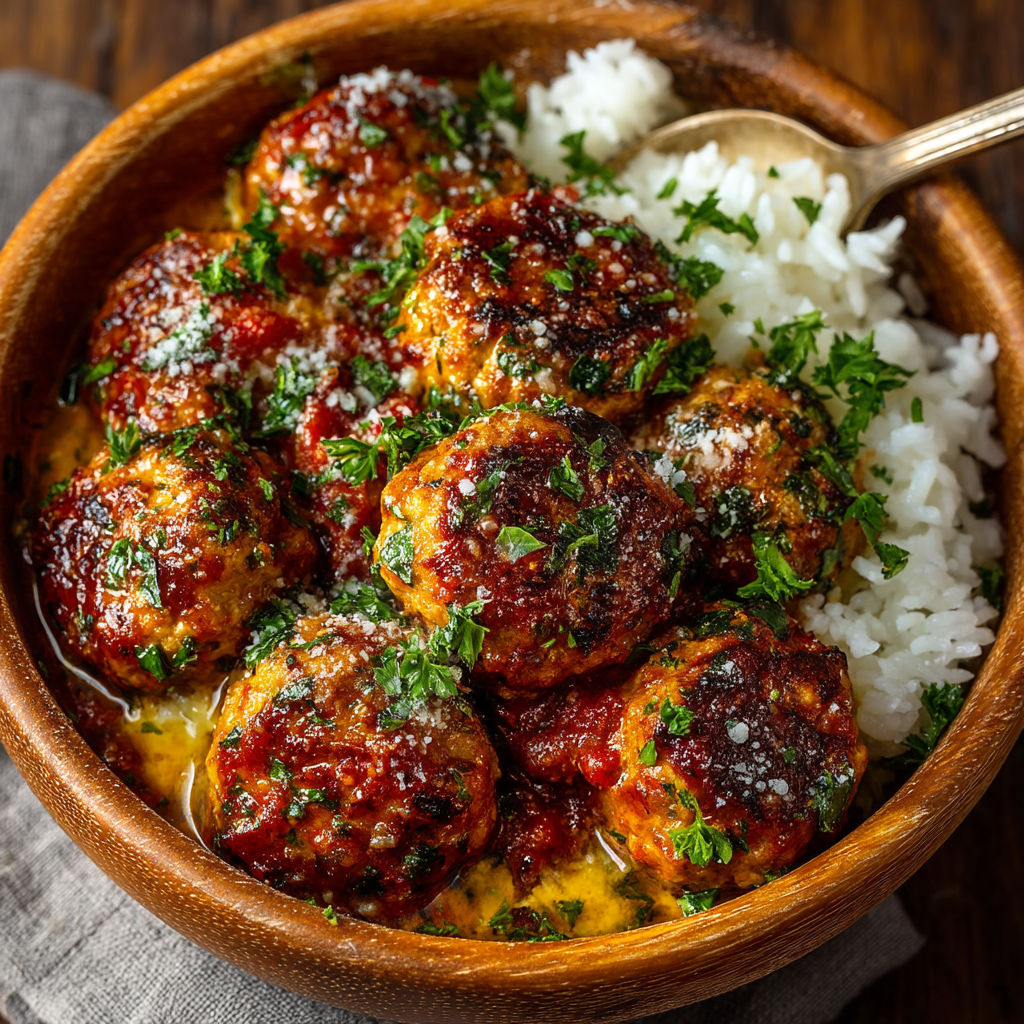 A bowl of meatballs with rice.