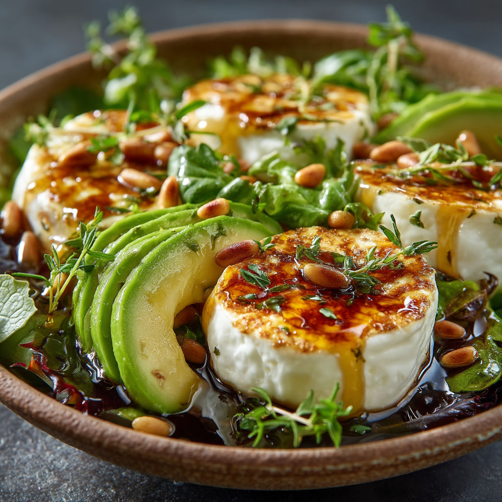 A bowl of food with cheese, avocado, and pine nuts.