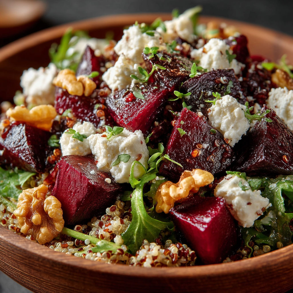 A bowl of salad with beets, cheese, and walnuts.