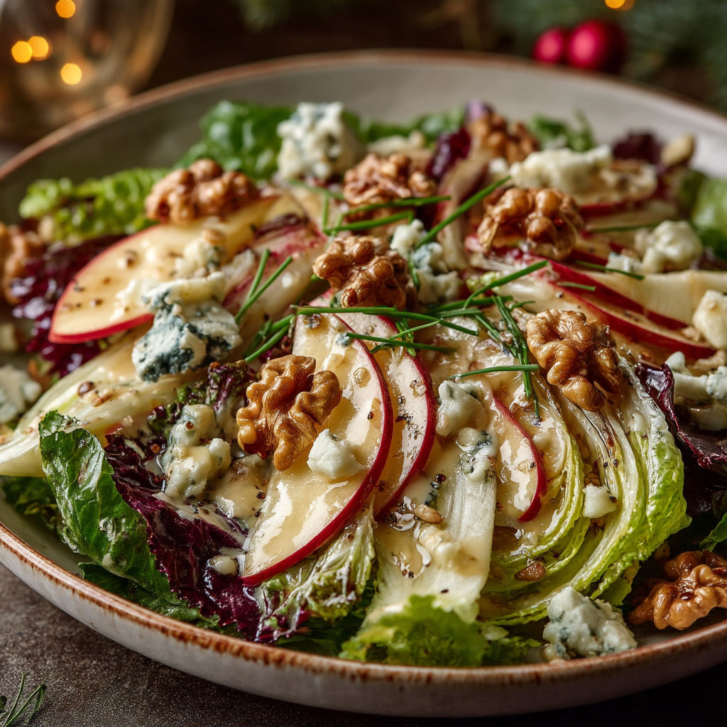 A salad with lettuce, apples, walnuts, and blue cheese.