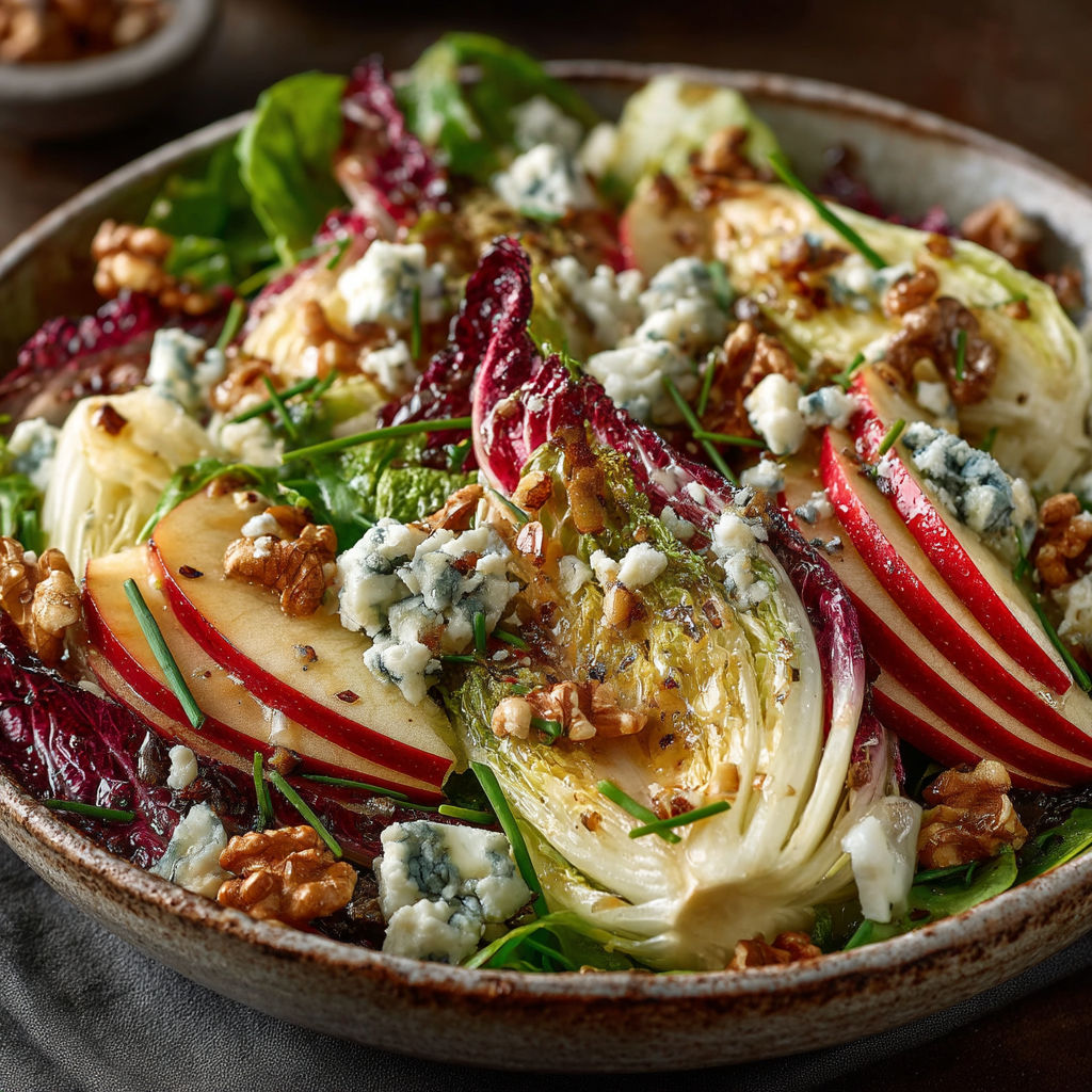 A bowl of food with lettuce, apples, and walnuts.