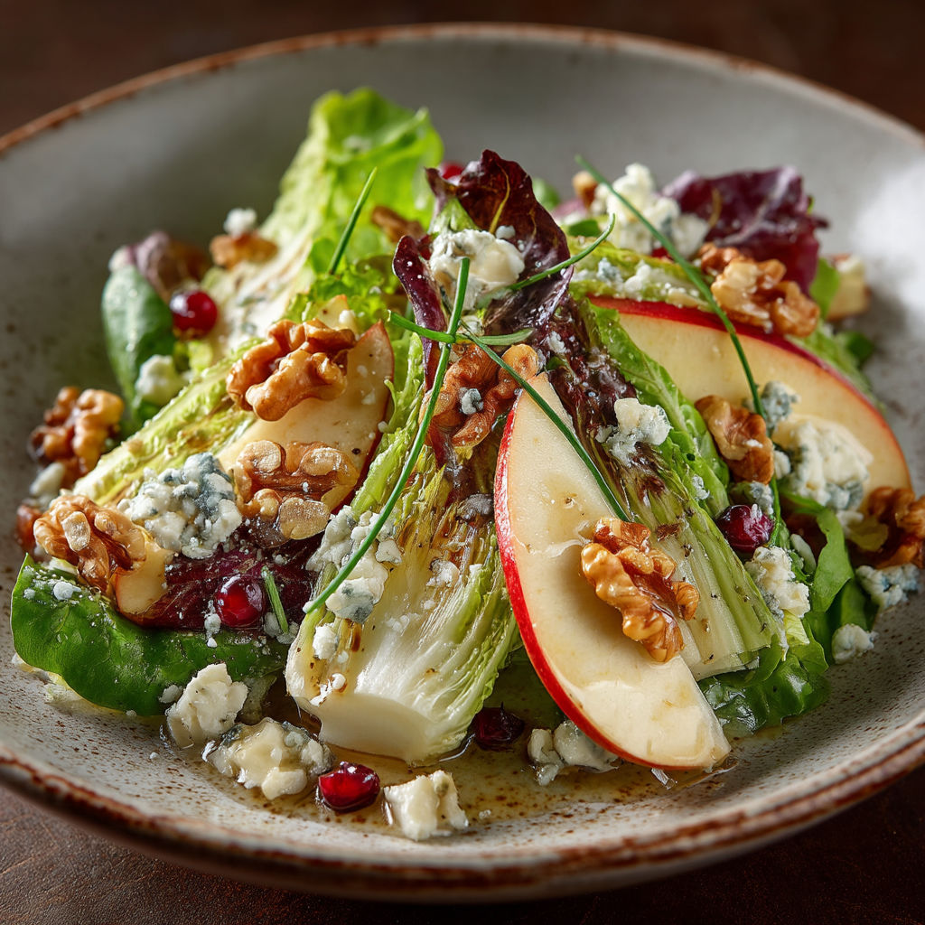 A plate of salad with lettuce, apples, and walnuts.