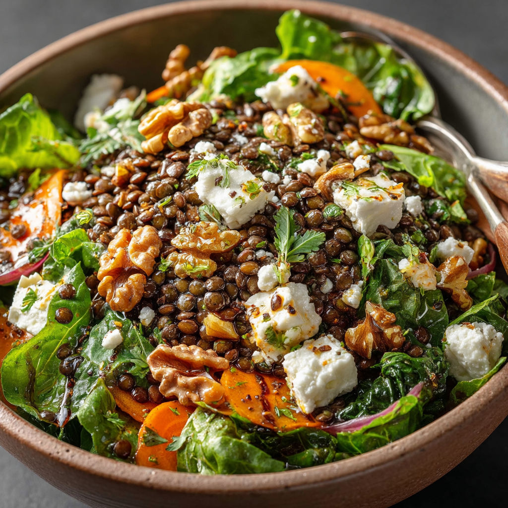 A bowl of salad with feta cheese and nuts.