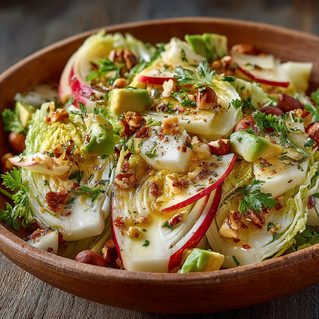 A bowl of salad with lettuce, nuts, and other vegetables.