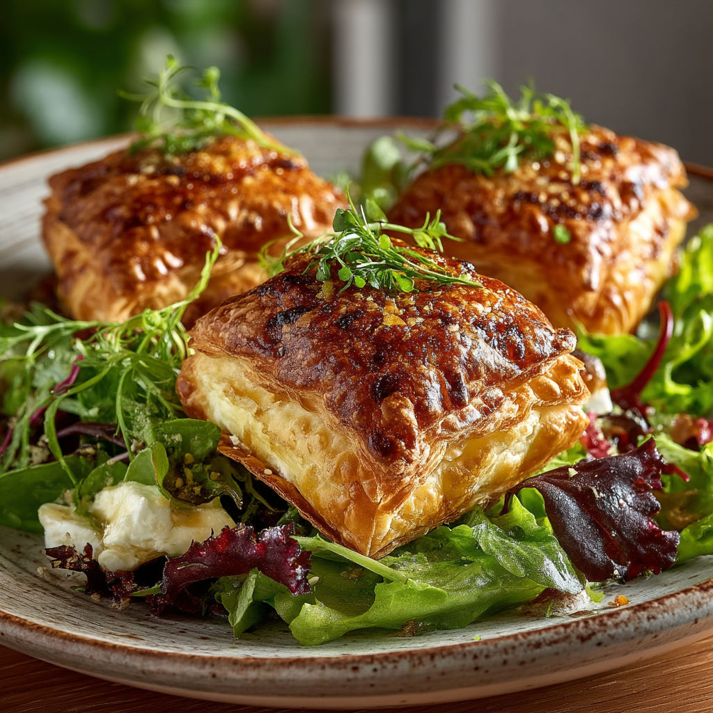 A plate of food with a salad and two pastries.