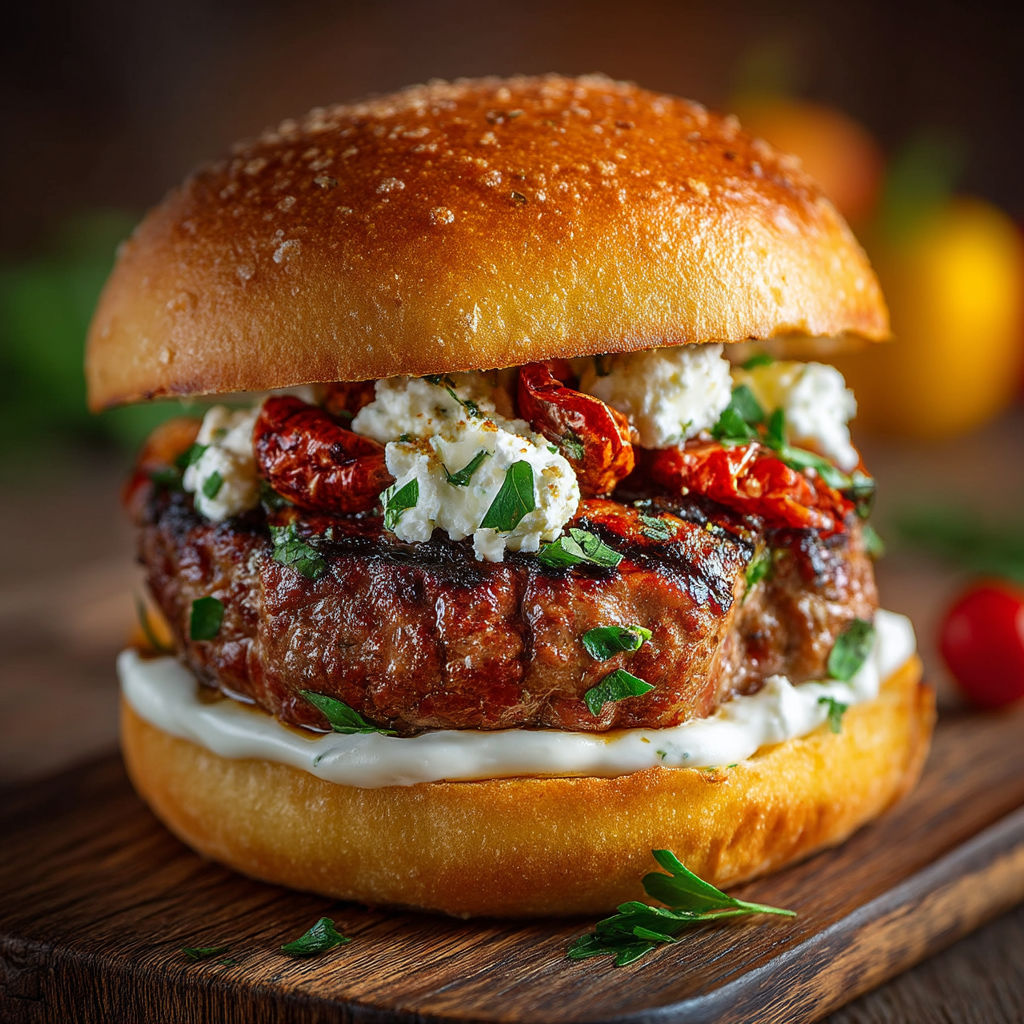 A burger with feta cheese and tomatoes.