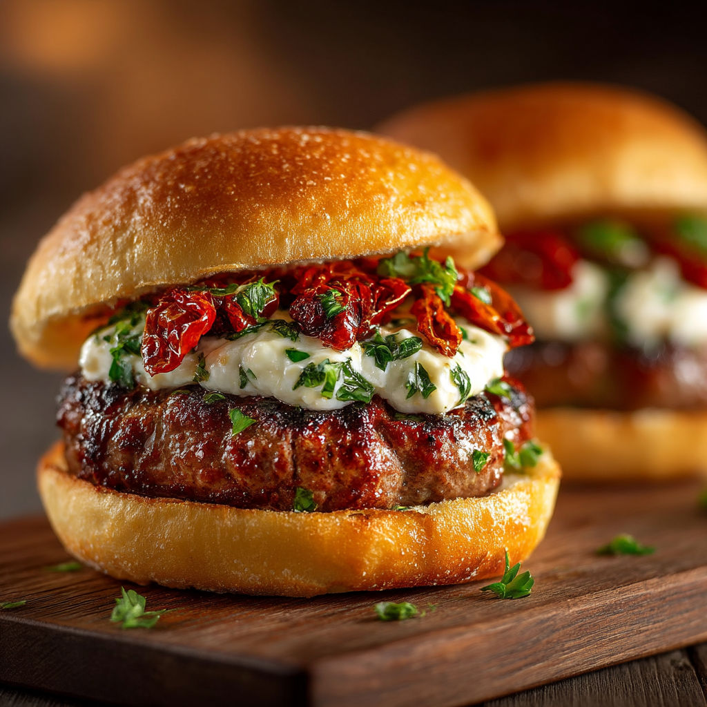 Two burgers with red peppers and cheese.