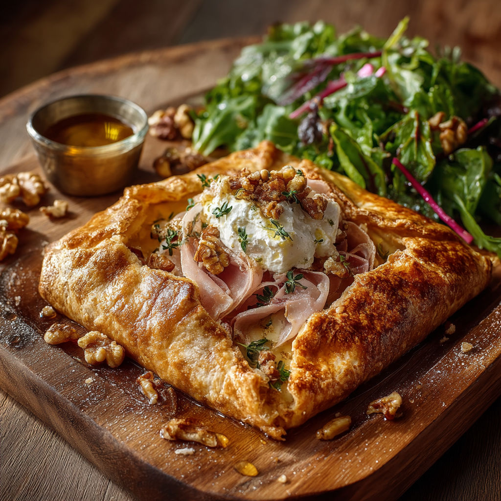 A galette seguin with meat and cheese on a wooden platter.