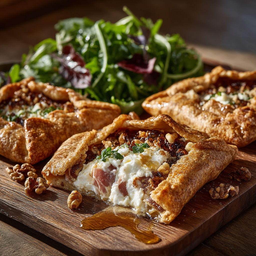A plate of food with a pastry and a salad.