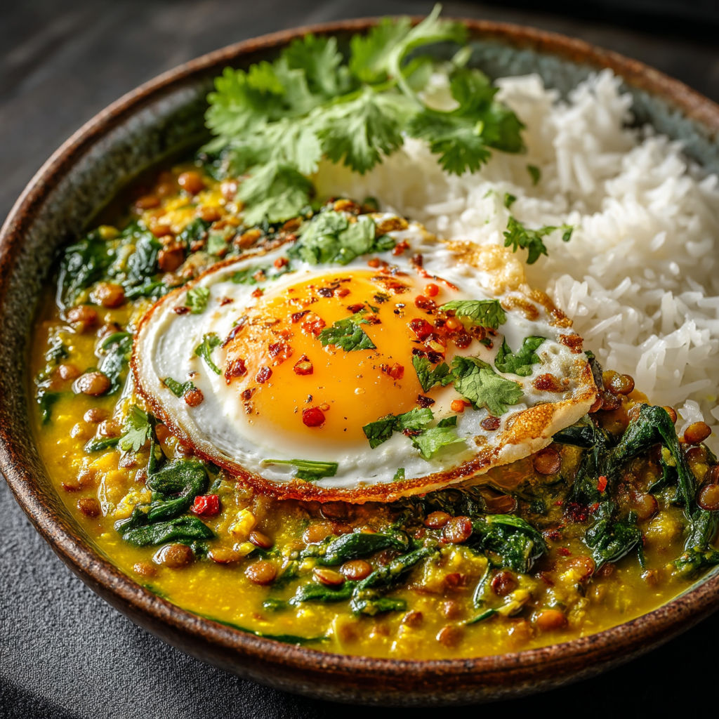 A bowl of food with rice, egg, and greens.