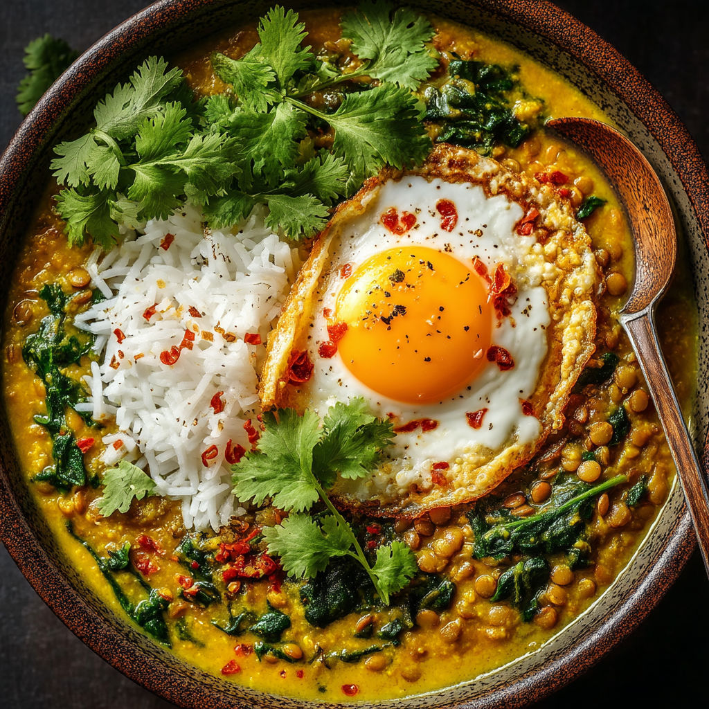 A bowl of soup with an egg in it.