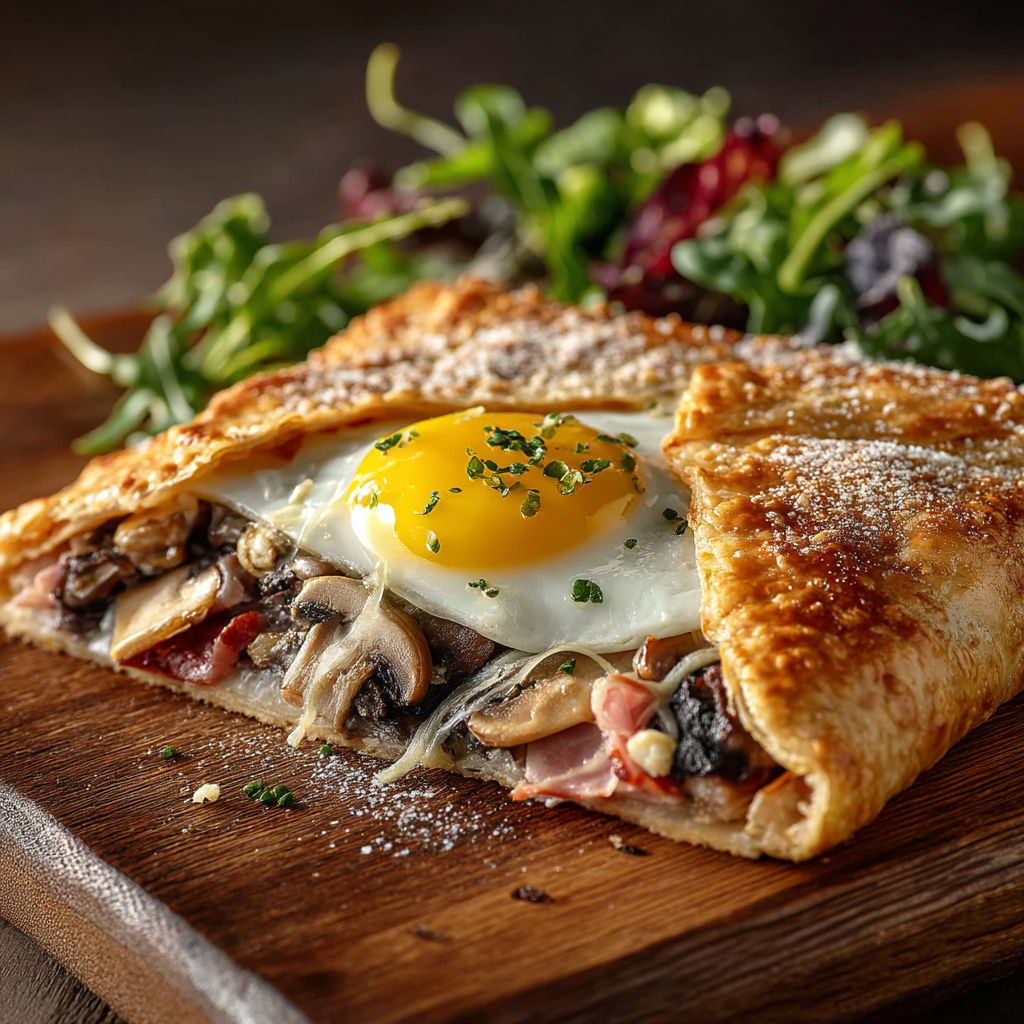 A breakfast sandwich with an egg and mushroom filling.