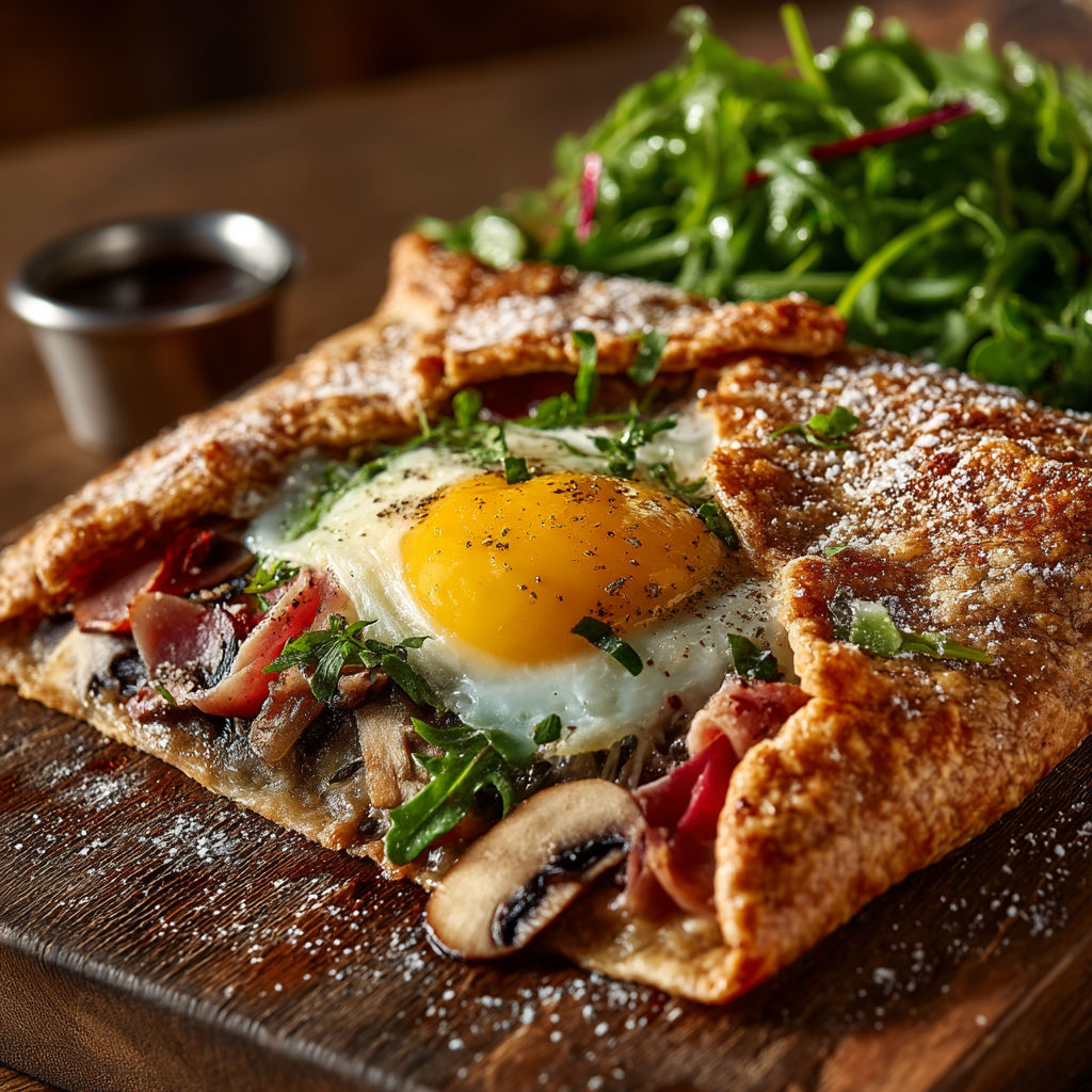 A breakfast sandwich with an egg and mushroom on a wooden table.