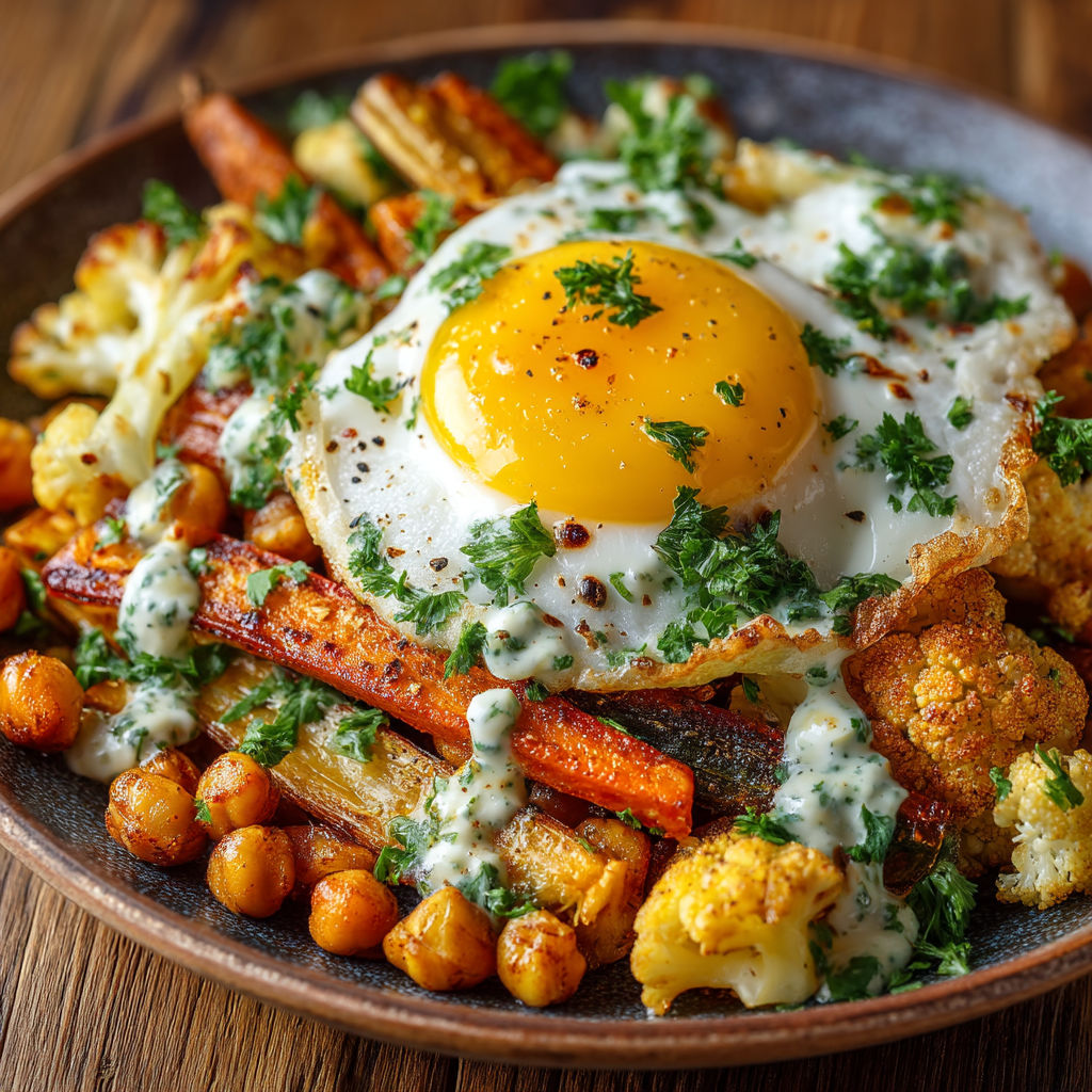 A plate of food with a fried egg on top.