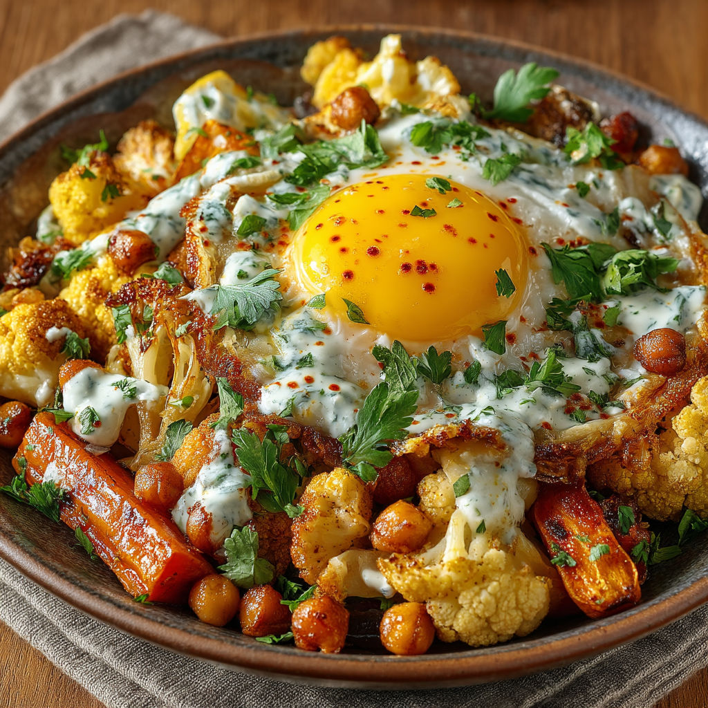 A bowl of food with a fried egg on top.