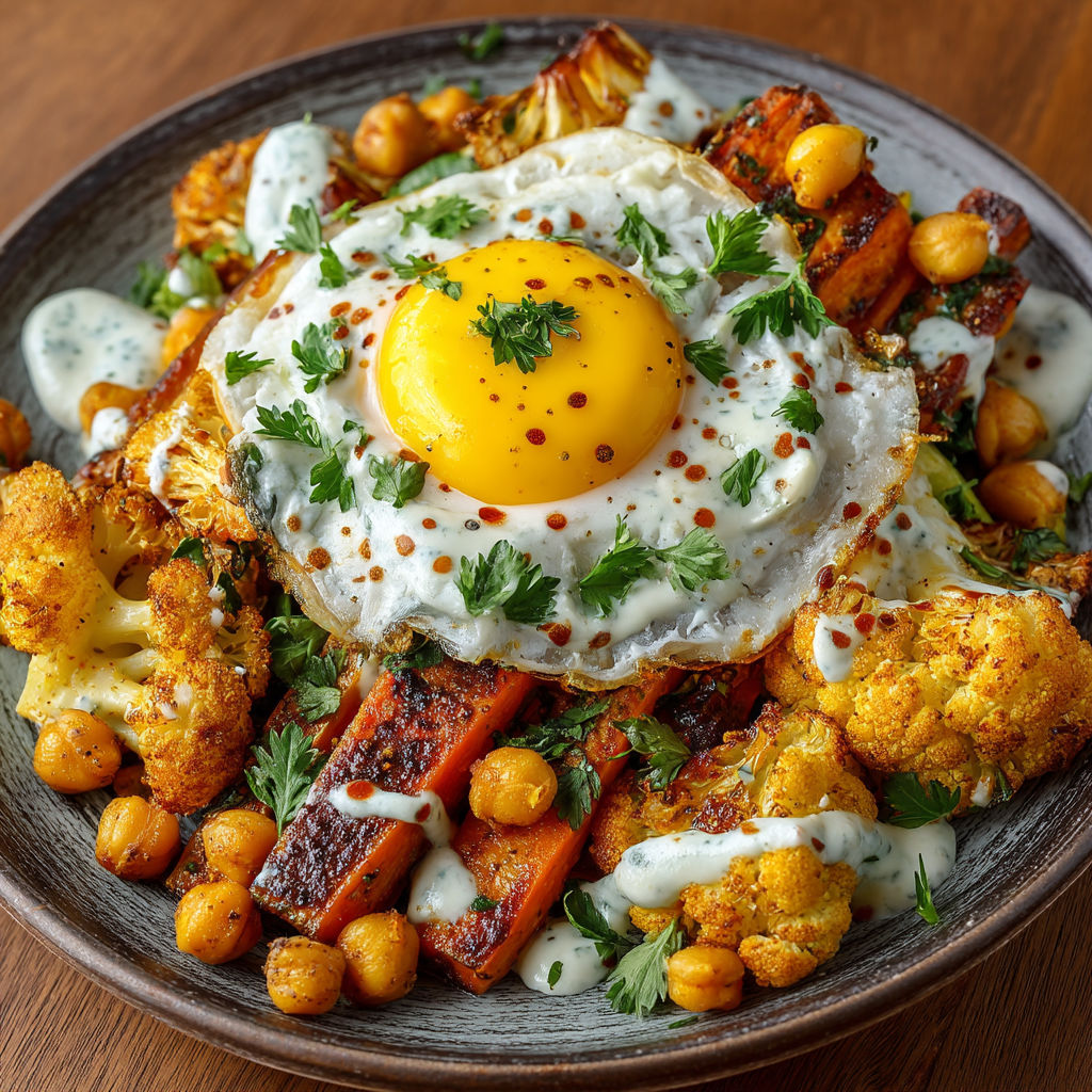 A plate of food with a fried egg on top.