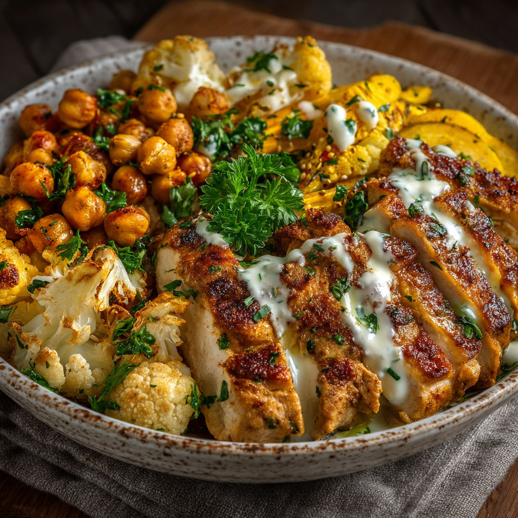 A bowl of food with chicken, cauliflower, and broccoli.
