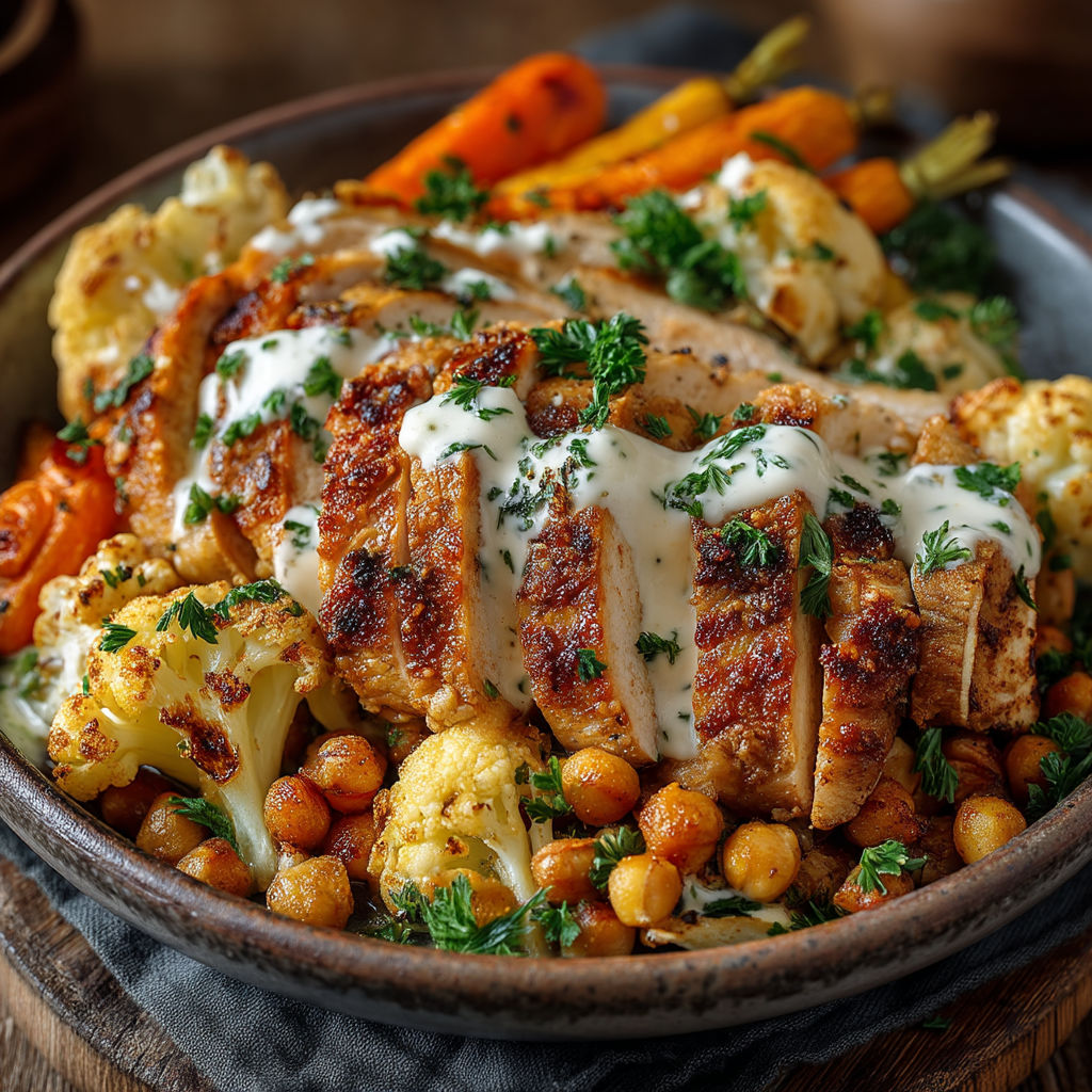 A bowl of food with chicken, cauliflower, and carrots.