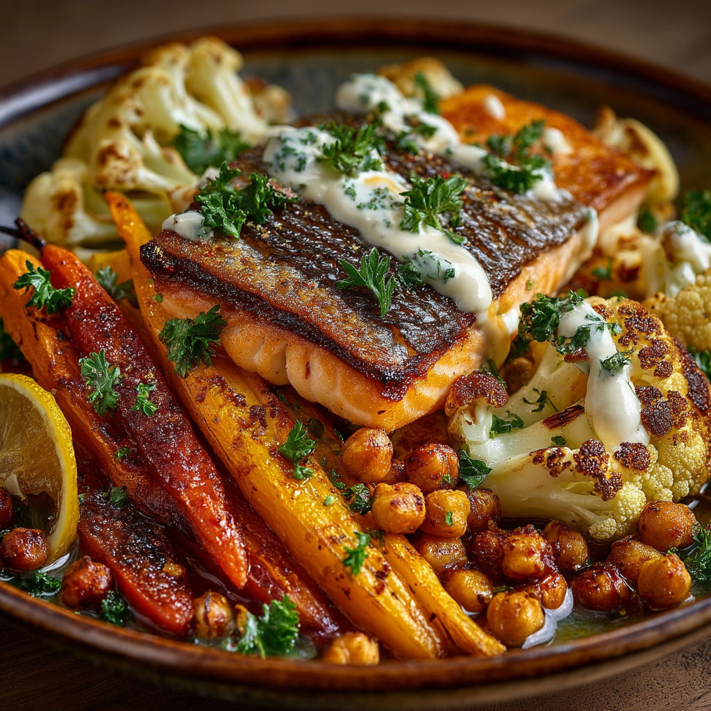 A plate of food with fish and vegetables.
