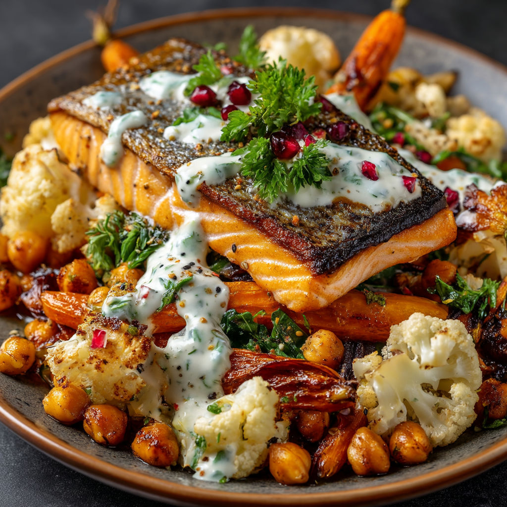 A plate of food with fish, cauliflower, and carrots.