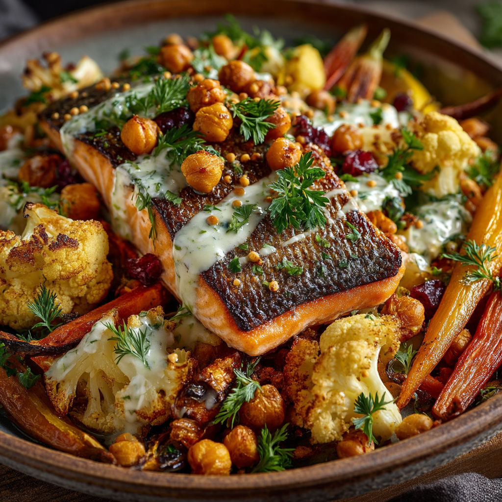 A bowl of food with a salmon fillet, cauliflower, and other vegetables.