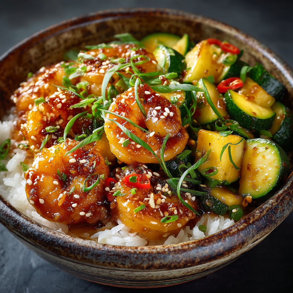 A bowl of food with shrimp, zucchini, and peppers.