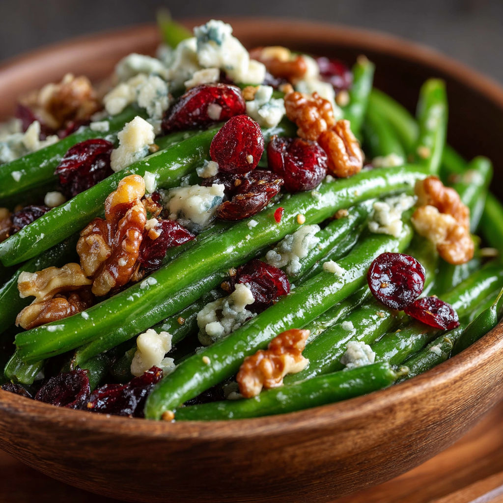A bowl of green beans with blue cheese and cranberries.