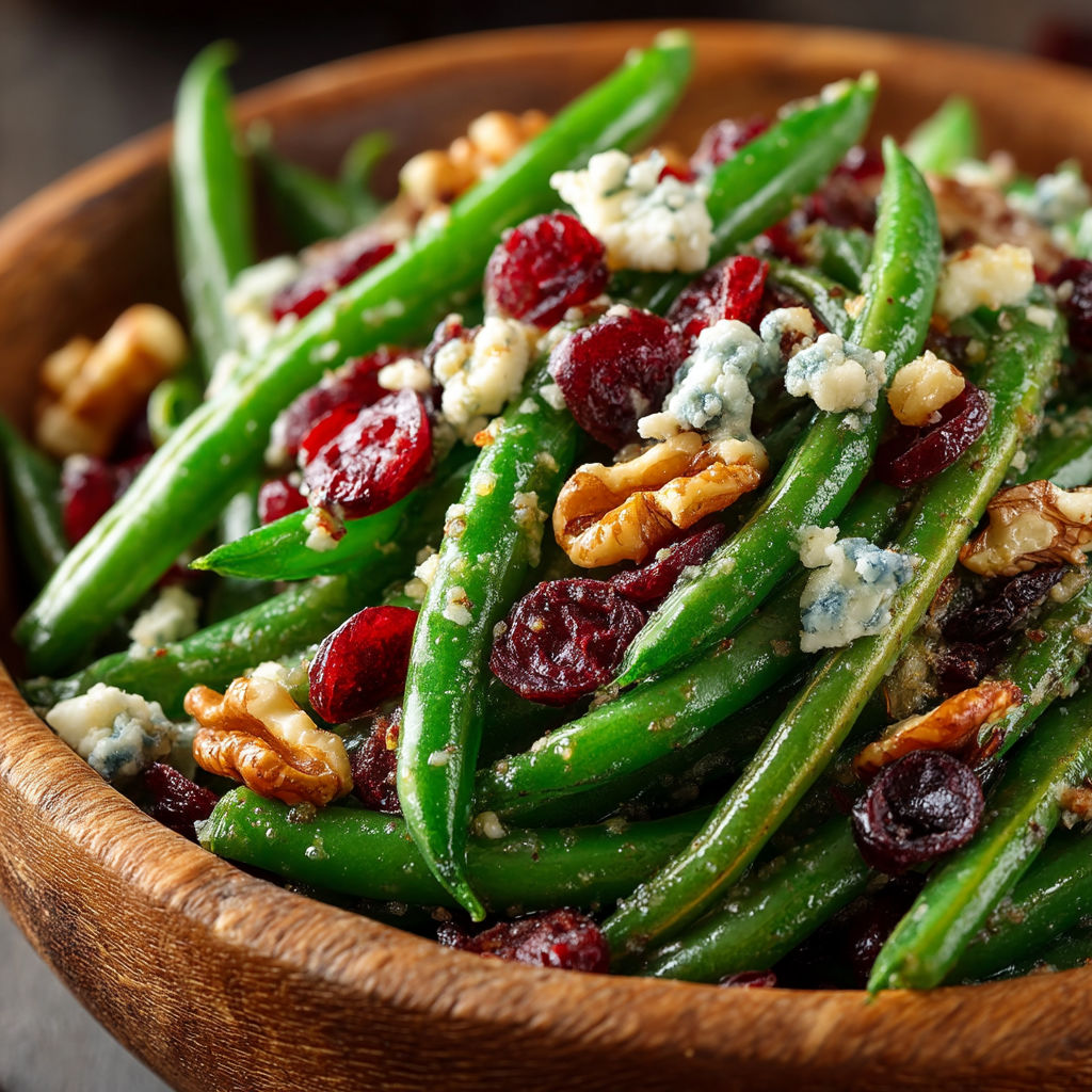 A bowl of green beans with blue cheese and red cherries.